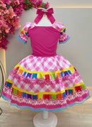 Vestido Infantil Junino Caipira Pink Saia Xadrex Colorido