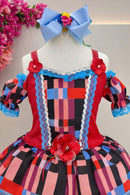 Vestido Infantil C/ Alça Junino Caipira Vermelho Xadrex Colorido