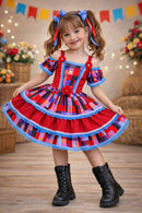 Vestido Infantil C/ Alça Junino Caipira Vermelho Xadrex Colorido