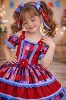 Vestido Infantil C/ Alça Junino Caipira Vermelho Xadrex Colorido