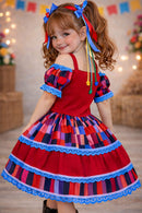 Vestido Infantil C/ Alça Junino Caipira Vermelho Xadrex Colorido
