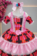 Vestido Infantil C/ Alça Junino Caipira Rosa Xadrez Colorido