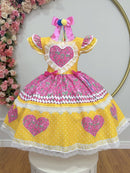 Vestido Infantil Junino Arraiá Amarelo Colorido Luxo Festas