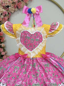 Vestido Infantil Junino Arraiá Amarelo Colorido Luxo Festas