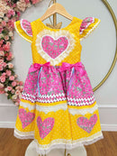 Vestido Infantil Junino Arraiá Amarelo Colorido Luxo Festas