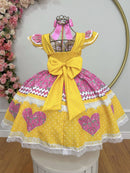 Vestido Infantil Junino Arraiá Amarelo Colorido Luxo Festas