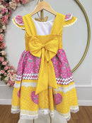 Vestido Infantil Junino Arraiá Amarelo Colorido Luxo Festas