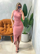 Vestido Midi em Suplex Regata Plissado com Gola Isis Ref. 1554