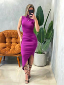 Vestido Midi em Suplex Regata Plissado com Gola Isis Ref. 1554