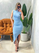 Vestido Midi em Suplex Regata Plissado com Gola Isis Ref. 1554