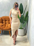 Vestido Midi em Suplex Regata Plissado com Gola Isis Ref. 1554