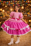 Vestido Infantil Junino Caipira Pink Xadrez Laços