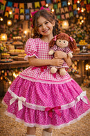 Vestido Infantil Junino Caipira Pink Xadrez Laços