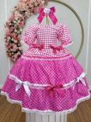 Vestido Infantil Junino Caipira Pink Xadrez Laços