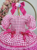 Vestido Infantil Junino Caipira Pink Xadrez Laços