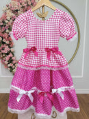 Vestido Infantil Junino Caipira Pink Xadrez Laços