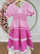Vestido Infantil Junino Caipira Pink Xadrez Laços