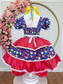 Vestido Infantil Junino Caipira Arraia Azul Florzinhas Coloridas