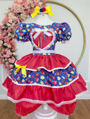 Vestido Infantil Junino Caipira Arraia Azul Florzinhas Coloridas