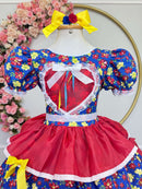 Vestido Infantil Junino Caipira Arraia Azul Florzinhas Coloridas