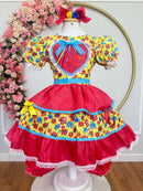 Vestido Infantil Junino Festa  Arraia Amarelo Florzinhas Coloridas