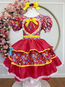 Vestido Infantil Junino Festa Arraia Vermelho Florzinhas Coloridas