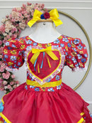 Vestido Infantil Junino Festa Arraia Vermelho Florzinhas Coloridas