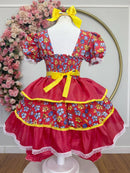 Vestido Infantil Junino Festa Arraia Vermelho Florzinhas Coloridas