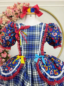 Vestido Infantil Junino Arraiá Azul Xadrez Colorido Florzinhas