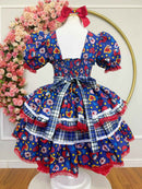 Vestido Infantil Junino Arraiá Azul Xadrez Colorido Florzinhas