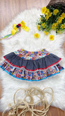 Saia Meninas Caipira Junino Preta Estampa Circo Colorida