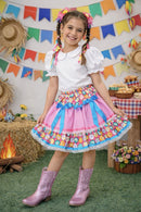 Saia Infantil Meninas Junino Caipira Rosa Colorida Flores