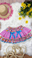 Saia Infantil Meninas Junino Caipira Rosa Colorida Flores