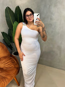 Vestido Midi em Malha Romantic Ombro Único Plissado Ref. 1713