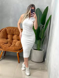 Vestido Midi em Ribana Regata de Gola com Zíper Ref.1734