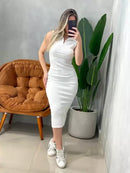 Vestido Midi em Ribana Regata de Gola com Zíper Ref.1734
