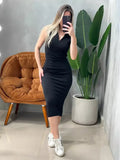 Vestido Midi em Ribana Regata de Gola com Zíper Ref.1734