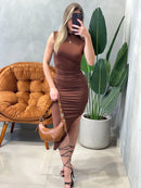 Vestido Midi em Suplex Regata Plissado com Gola Ref.1754