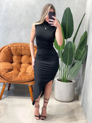 Vestido Midi em Suplex Regata Plissado com Gola Ref.1754