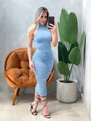Vestido Midi em Malha Romantic Frente Única e Gola Chocker Ref. 1833