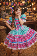 Vestido Junino Arraiá Festas Verde com Saia Colorida