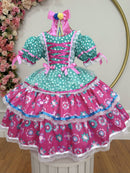 Vestido Junino Arraiá Festas Verde com Saia Colorida