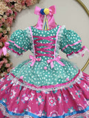 Vestido Junino Arraiá Festas Verde com Saia Colorida