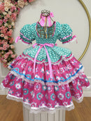 Vestido Junino Arraiá Festas Verde com Saia Colorida