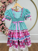 Vestido Junino Arraiá Festas Verde com Saia Colorida