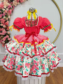 Vestido Junino Arraiá Festas Vermelho Saia Colorida