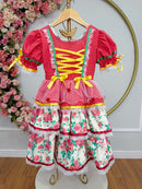 Vestido Junino Arraiá Festas Vermelho Saia Colorida