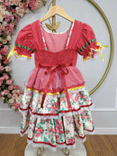 Vestido Junino Arraiá Festas Vermelho Saia Colorida