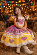 Vestido Infantil Junino Arraiá Amarelo Colorido Luxo Festas