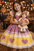 Vestido Infantil Junino Arraiá Amarelo Colorido Luxo Festas